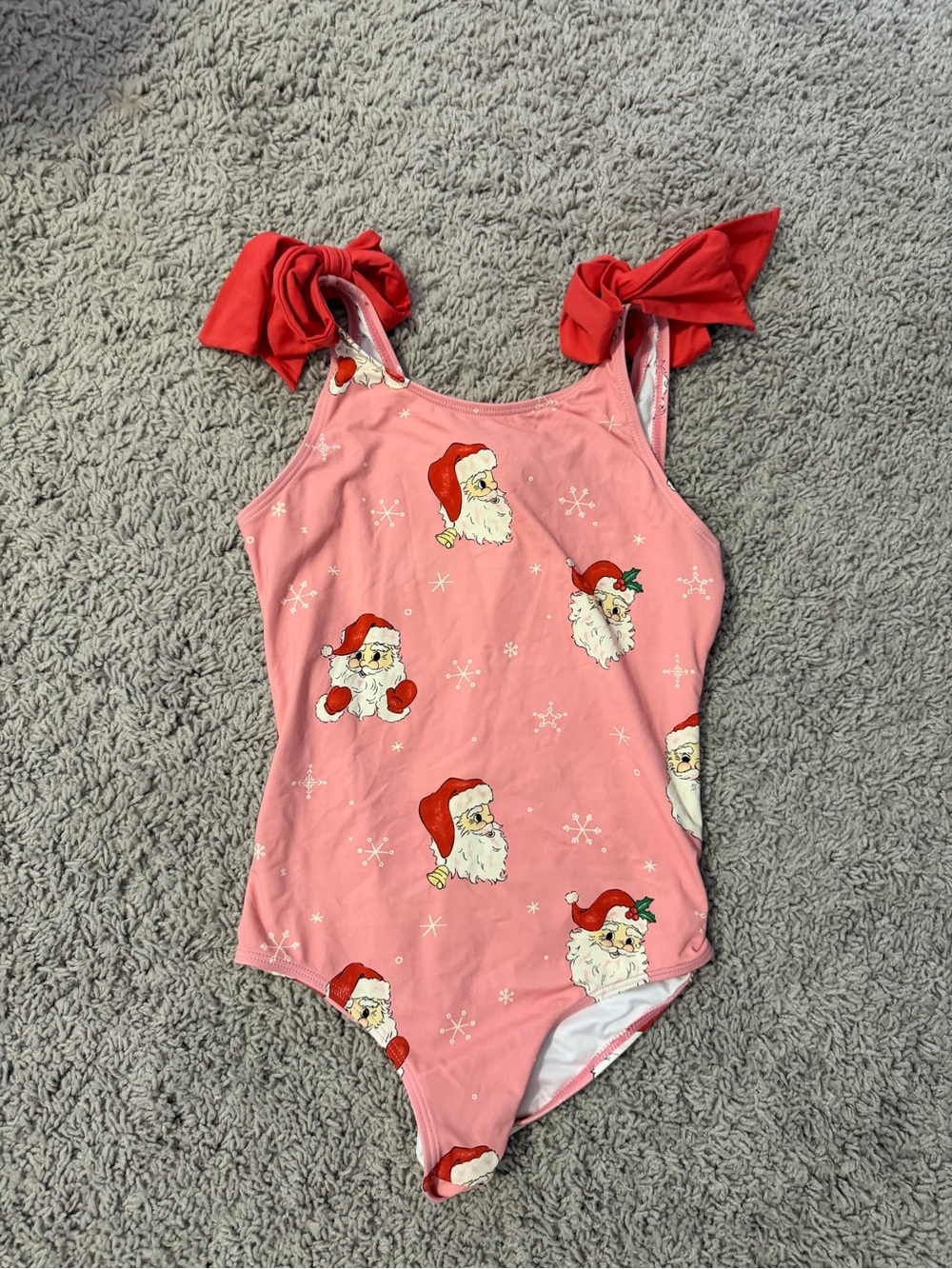 Pink Santa Print One-Piece Swimsuit with Red Shoulder Ties